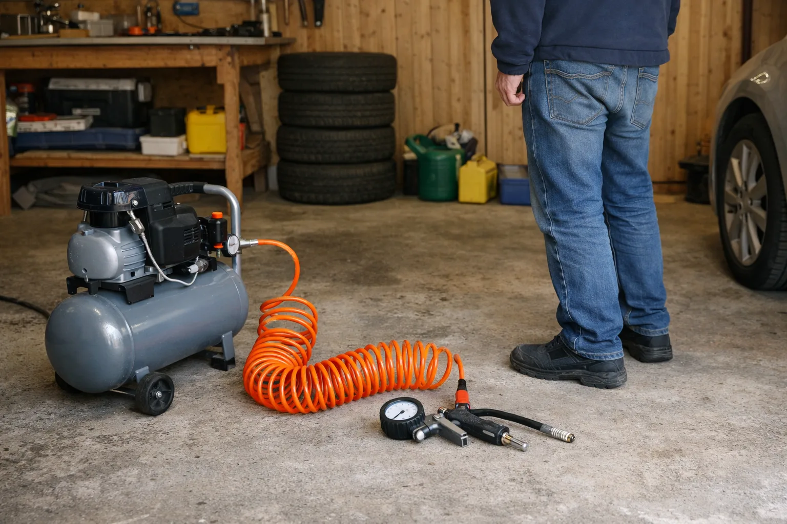 Kompressor, slang och däckpåfyllare redo på garagegolvet.