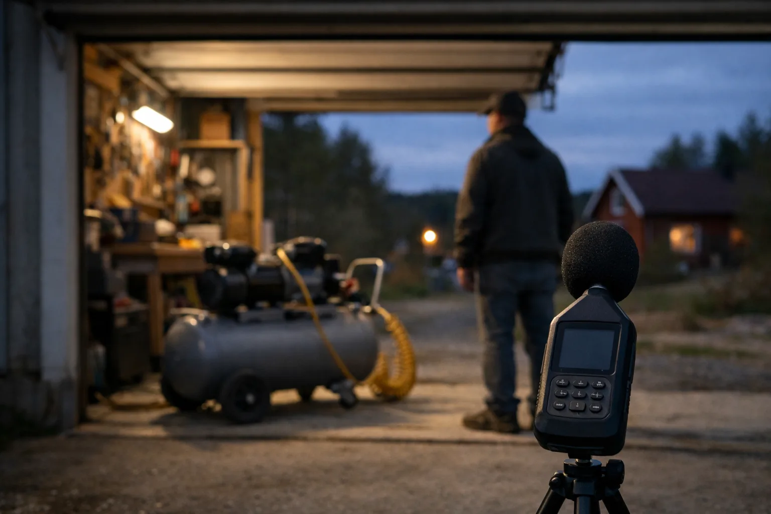 Kompressor vid garageporten med hus i bakgrunden.