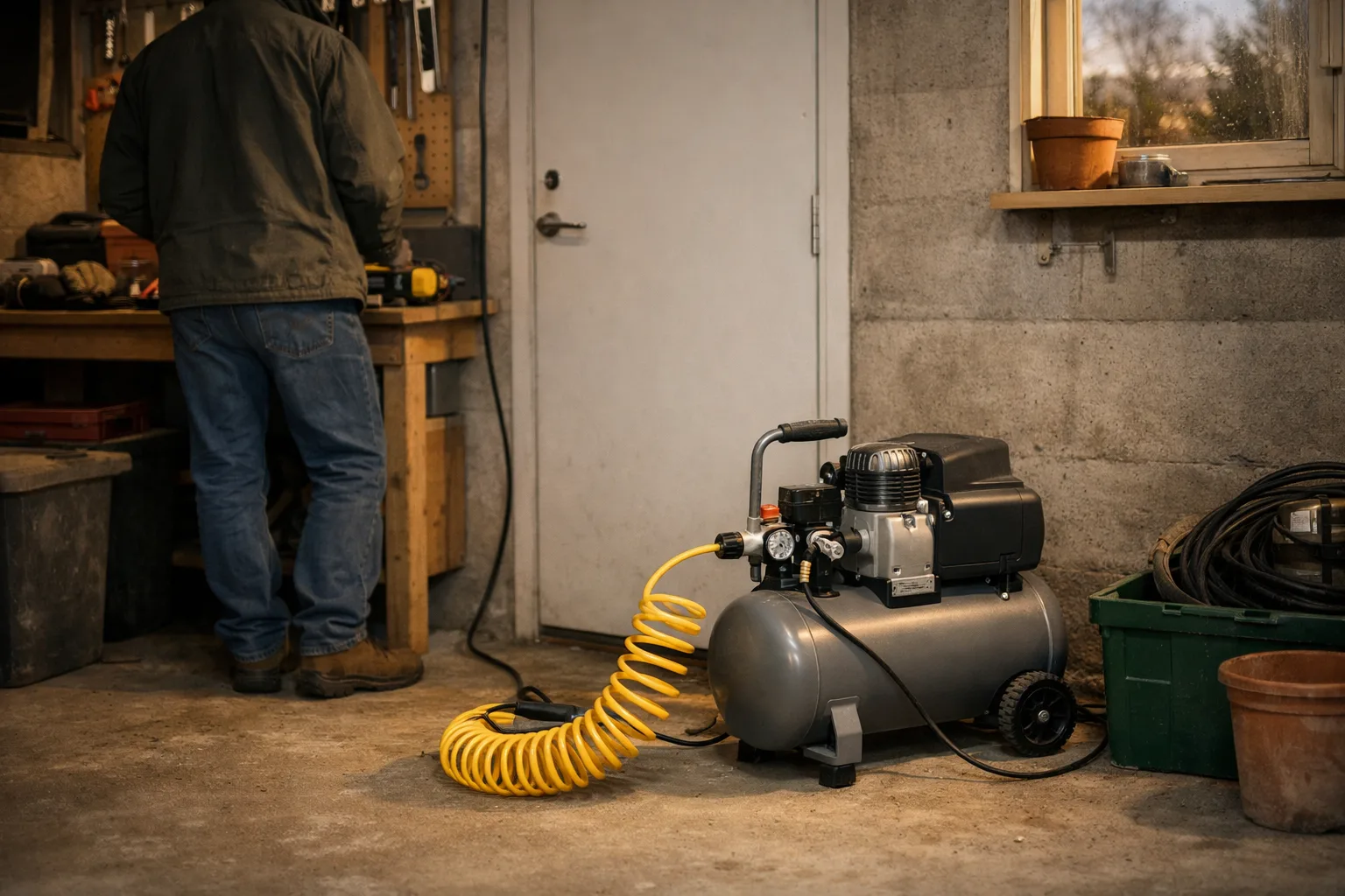 Kompakt kompressor i ett bostadsgarage på kvällen.