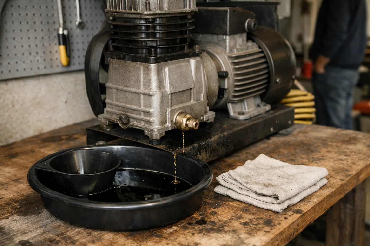 Avstängd kompressorpump med avtappningskärl vid underhåll.